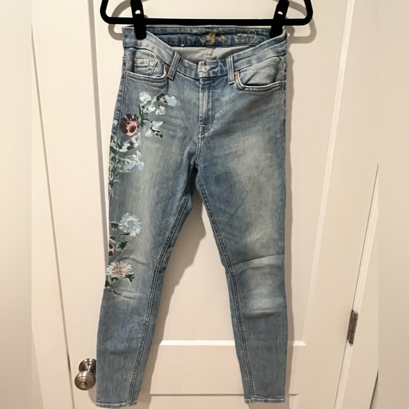 7 For All Mankind The Ankle Skinny Jeans Size 27 Floral Painted Denim - Picture 2 of 8
